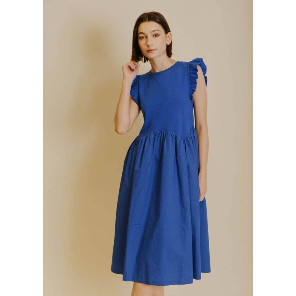Aureum Adie Midi Ruffle Sleeveless Dress with pockets in royal blue color Size S